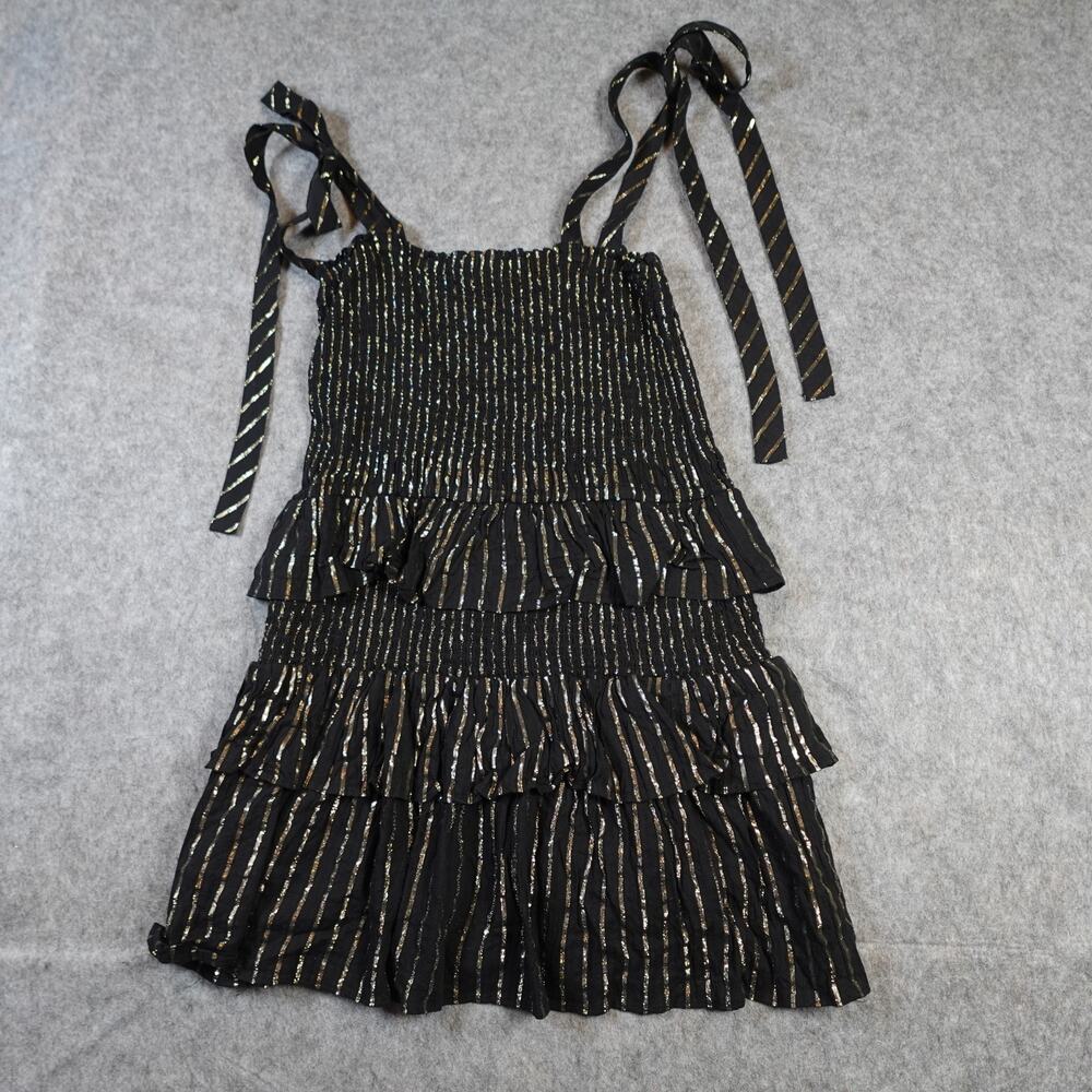 House of Harlow Dress Womens Small Mini Ruffle Tie Strap Striped Metallic‎ Black